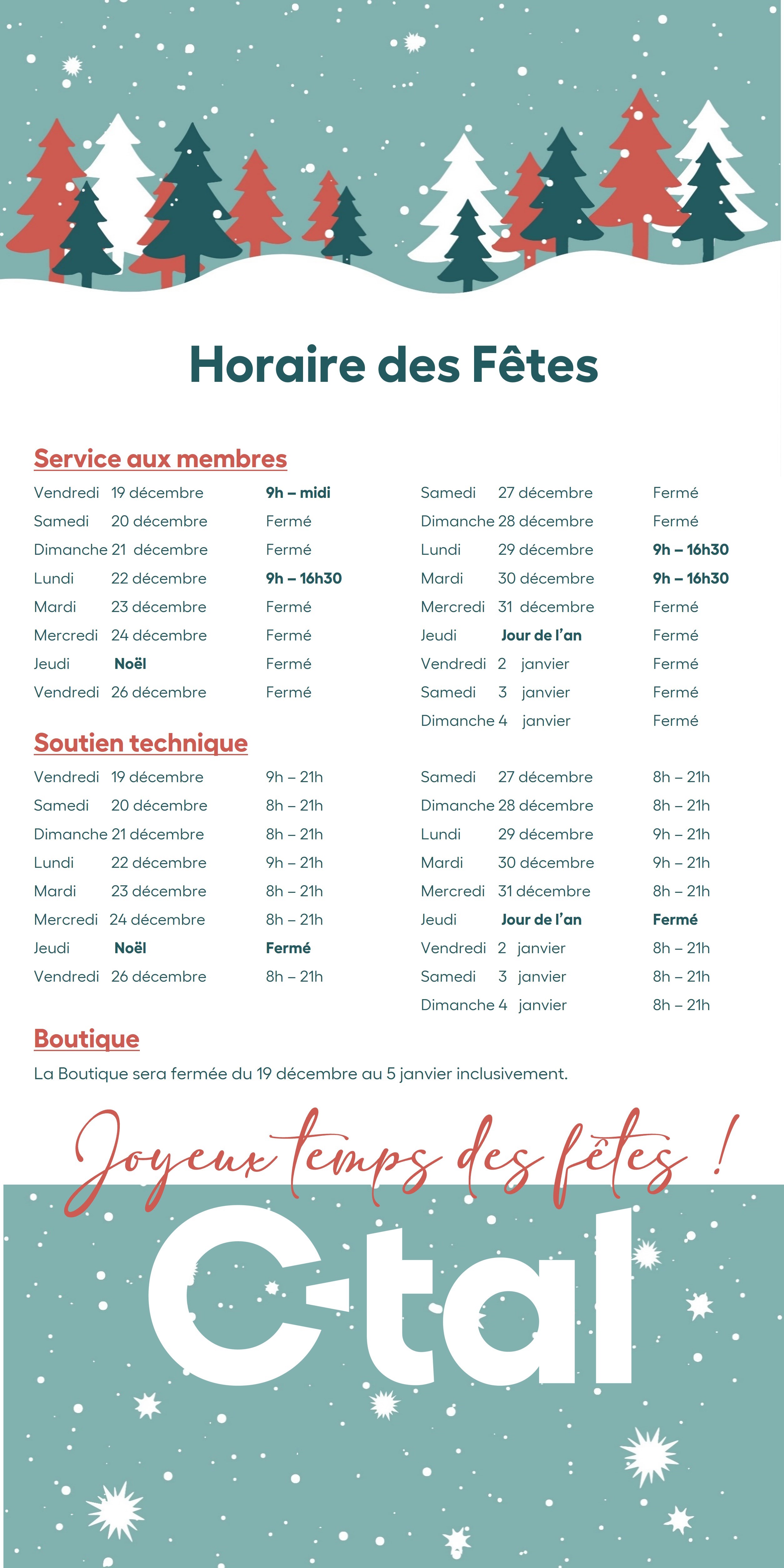 Horaire spécial des Fêtes